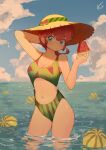  1girl absurdres blue_eyes blue_sky blush braid braided_ponytail breasts cloud cloudy_sky floating food fruit geraldjess1 hair_between_eyes hat highres ranma-chan ranma_1/2 red_hair sky solo sun_hat water watermelon watermelon_slice 