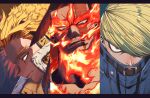  3boys bangs beard belt belt_buckle belt_collar best_jeanist black_belt blonde_hair blue_eyes blue_shirt boku_no_hero_academia buckle buttons closed_mouth collar column_lineup commentary covered_mouth denim denim_shirt endeavor_(boku_no_hero_academia) expressionless facial_hair facial_mark feathered_wings film_grain fire forked_eyebrows fur_trim furrowed_brow green_eyes hair_over_one_eye hair_slicked_back hawks_(boku_no_hero_academia) head_down head_tilt headphones high_collar highres jitome letterboxed looking_at_viewer male_focus mature_male multiple_boys natsu_doli nose portrait profile red_hair red_wings sanpaku scar scar_across_eye scar_on_face scar_on_mouth shirt short_hair stubble swept_bangs triangle tsurime wings yellow_eyes zipper 