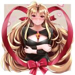  1girl bangs between_breasts black_dress blonde_hair blush bow box breasts cleavage_cutout closed_mouth clothing_cutout commentary dress fate_testarossa gift gift_box half-closed_eyes heart large_breasts long_hair long_sleeves looking_at_viewer lyrical_nanoha outside_border red_bow red_eyes red_ribbon ribbon smile solo sougetsu_izuki standing valentine very_long_hair 