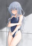  1girl bangs bare_arms bare_legs bare_shoulders black_one-piece_swimsuit blue_eyes blush closed_mouth collarbone competition_swimsuit covered_navel feet_out_of_frame groin hair_between_eyes hibiki_(kancolle) highres k_jie kantai_collection long_hair looking_at_viewer one-piece_swimsuit sidelocks solo swimsuit white_hair 