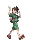  1girl absurdres arms_up artist_request asymmetrical_hair backpack bag bangs blush brown_eyes brown_hair cross-laced_clothes flat_chest full_body green_shirt green_shorts happy highres juliana_(pokemon) light_blush multicolored_footwear official_art open_mouth outline pocket pokemon print_shirt print_shorts sandals shirt short_hair short_sleeves shorts side_slit sidelocks simple_background smile solo standing swept_bangs teeth transparent_background walking white_outline 