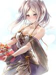  1girl absurdres artist_name bare_shoulders blush breasts brown_eyes clear_glass_(mildmild1311) cleavage collarbone fire_emblem fire_emblem_awakening fire_emblem_heroes flower gift grey_hair hair_flower hair_ornament heart highres holding holding_gift large_breasts looking_at_viewer medium_hair off_shoulder robin_(female)_(fire_emblem) robin_(female)_(valentine)_(fire_emblem) robin_(fire_emblem) signature sleeveless smile solo twintails twitter_username 