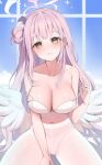 1girl absurdres angel_wings bangs blue_archive blush breasts closed_mouth commentary feathered_wings flower hair_bun hair_flower hair_ornament halo highres large_breasts looking_at_viewer low_wings mika_(blue_archive) pantyhose pink_hair ropu_(ropu_10) single_side_bun solo white_pantyhose white_wings wings yellow_eyes 