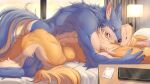  2023 absurd_res anthro bed biped black_nose blue_body blue_fur blush butt canid canine canis detailed_background digital_drawing_(artwork) digital_media_(artwork) domestic_dog duo eyes_closed fur furniture hi_res lying lying_on_bed male male/male mammal muscular muscular_anthro muscular_male nibbling nude on_bed red_eyes tan_body tan_fur tupidwithouts white_body white_fur wolf wrapped_condom 
