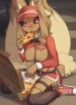  absurd_res anthro anthrofied big_breasts black_sclera bodily_fluids bottomwear breasts brown_body brown_fur brown_hair caught cleavage_cutout clothed clothing delivery_(commerce) delivery_employee eating female food food_carrier food_delivery footwear fur generation_4_pokemon hair hi_res hotpants kemono kneeling kneeling_on_ground lactating legwear looking_at_viewer lopunny nintendo nipples pink_eyes pizza pizza_delivery pizza_delivery_carrier pokemon pokemon_(species) shoes shorts sitting solo sweat sweatdrop tan_body tan_fur uniform wariza zinfyu 