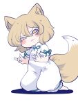  1girl animal_ear_fluff animal_ears barefoot blonde_hair blush_stickers chahan_(fried_rice0614) closed_mouth double_fox_shadow_puppet fox_ears fox_shadow_puppet fox_tail green_ribbon highres kudamaki_tsukasa ribbon romper short_hair short_sleeves simple_background smile solo tail touhou white_background white_romper yellow_eyes 