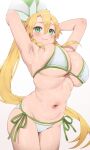  1girl absurdres armpits arms_up ball beachball bikini blonde_hair blush braided_sidelock breasts cleavage elf fairy_(sao) feet_out_of_frame green_eyes groin hair_between_eyes hair_ornament highres large_breasts leafa long_hair looking_at_viewer navel nekoshoko pointy_ears ponytail side-tie_bikini_bottom simple_background smile solo stomach swimsuit sword_art_online thighs very_long_hair white_background 