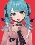  1girl :d bangs bat_wings black_choker black_nails black_ribbon blunt_bangs blush choker collar commentary_request eyebrows_hidden_by_hair facing_viewer fang frilled_choker frilled_collar frills green_eyes green_hair hair_ribbon hatsune_miku head_tilt heart heart-shaped_ornament heart-shaped_pupils jewelry long_hair looking_at_viewer mask mask_pull mouth_mask nail_polish open_mouth pink_collar pink_shirt pulled_by_self red_background ribbon ring shirt sidelocks signature simple_background sleeves_past_wrists smile solo symbol-shaped_pupils tananuki teeth twintails upper_teeth_only vampire vampire_(vocaloid) vocaloid wings 