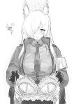  1girl absurdres anger_vein animal_ear_fluff animal_ears armband blue_archive bra camera clenched_teeth collared_shirt gloves greyscale hair_over_one_eye halo highres holding holding_bra holding_clothes holding_underwear jacket kanna_(blue_archive) long_hair long_sleeves looking_at_viewer monochrome necktie notched_ear open_clothes open_jacket sharp_teeth shirt shirt_tucked_in skirt solo standing sweat teeth underwear upper_body yanyo_(ogino_atsuki) 