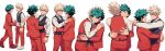  2boys absurdres alternate_costume bakugou_katsuki black_shirt black_vest blonde_hair boku_no_hero_academia closed_mouth collared_shirt commentary dancing eye_contact formal freckles frown green_hair hands_on_another&#039;s_back hands_on_another&#039;s_shoulders highres jacket lc._universe long_sleeves looking_at_another male_focus midoriya_izuku multiple_boys necktie open_mouth pants red_eyes red_footwear red_jacket red_necktie red_pants red_suit shirt shoes short_hair simple_background smile spiked_hair striped_necktie suit symbol-only_commentary vest white_background white_shirt yaoi 