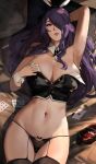  1girl animal_ears bare_shoulders black_panties breasts camilla_(fire_emblem) cleavage fire_emblem fire_emblem_fates garter_straps hair_over_one_eye highres j@ck large_breasts long_hair nontraditional_playboy_bunny panties playboy_bunny purple_eyes purple_hair rabbit_ears solo strapless thighs underwear very_long_hair wavy_hair 