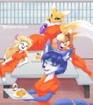  absurd_res animaniacs anthro bandai_namco blue_body blue_eyes byghosteduard canid canine clothing cute_expression day digimon digimon_(species) ears_down ears_up female fox furniture greeting group hi_res inside krystal lagomorph leporid lola_bunny looking_at_viewer looney_tunes mammal minerva_mink mouse murid murine nintendo orange_clothing pivoted_ears prison prison_uniform prisoner rabbit renamon rodent simple_background smile star_fox table tail warner_brothers yellow_body 