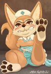  absurd_res anthro caught clenched_teeth clothed clothing crossdressing disney dress embarrassed finnick flustered girly hi_res male mr.gayle nurse_clothing panties panties_bulge pawpads paws presenting solo teeth underwear zootopia 
