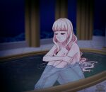  1girl artist_name bangs bath blonde_hair breasts commentary_request completely_nude english_commentary frown half-closed_eyes highres hime_takamura large_breasts long_hair night nude original partially_submerged purple_eyes sitting solo thyra_teravathinia watermark wavy_hair 