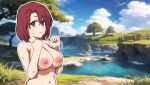  blurry blurry_background breasts breasts_squeezed_together brown_eyes cleavage completely_nude cow_girl_(goblin_slayer!) goblin_slayer! hands_up large_areolae large_breasts looking_at_viewer medium_hair nipples nude red_hair shiny_skin snowbox solo sweat sweatdrop. 