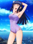  1girl armpits arms_behind_head arms_up bare_arms black_hair blue_sky breasts casual_one-piece_swimsuit cloud covered_navel cowboy_shot day deviantart_logo deviantart_username facebook_logo facebook_username floating_hair halterneck highres hime_cut hyuuga_hinata lens_flare long_hair medium_breasts naruto_(series) naruto_shippuuden ocean one-piece_swimsuit outdoors pixiv_logo pixiv_username purple_one-piece_swimsuit shugo19 sky solo standing straight_hair swimsuit twitter_logo twitter_username watermark 