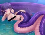  1girl bangs blush breasts cleavage genshin_impact happy lamia large_breasts long_hair looking_at_viewer monster_girl monsterification open_mouth pointy_ears purple_eyes purple_hair raiden_shogun scales smile solo very_long_hair zerorespect_bot 