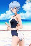  1girl ass ayanami_rei bangs bare_arms beach black_one-piece_swimsuit blue_hair blue_sky blurry blurry_background bob_cut breasts cloud competition_swimsuit cowboy_shot hair_between_eyes highres medium_breasts neon_genesis_evangelion ocean one-piece_swimsuit open_mouth red_eyes short_hair shugo19 sky solo standing swimsuit two-tone_swimsuit white_one-piece_swimsuit 
