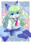  1girl :d animal_ear_fluff animal_ears bangs blue_eyes blue_sailor_collar blue_skirt blush breasts commentary_request commission copyright_request floral_background flower furry furry_female green_hair grey_background hair_between_eyes kou_hiyoyo long_hair long_sleeves looking_at_viewer neckerchief pink_flower pleated_skirt polka_dot polka_dot_background puffy_long_sleeves puffy_sleeves red_neckerchief sailor_collar shirt sitting skeb_commission skirt sleeves_past_wrists small_breasts smile solo tail two-tone_background very_long_hair white_background white_flower white_shirt 