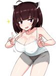  1girl :d ahoge alternate_breast_size bangs bare_arms bare_shoulders blunt_bangs bob_cut breasts brown_eyes brown_hair camisole cleavage collarbone covered_nipples grey_shorts hands_up headgear highres index_finger_raised jitome large_breasts leaning_forward legs_apart looking_at_viewer medium_hair naughty_face no_bra open_mouth pulled_by_self satou_(su9arsatou) short_shorts shorts simple_background smile solo spaghetti_strap standing strap_pull touhoku_kiritan voiceroid white_background white_camisole 