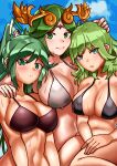  3girls absurdres alternate_costume aqua_eyes aqua_hair bangs bare_arms bare_shoulders beach bikini black_bikini blush breasts brown_bikini byleth_(female)_(fire_emblem) byleth_(fire_emblem) collarbone enlightened_byleth_(female) fire_emblem fire_emblem:_three_houses forehead_jewel green_eyes green_hair grey_bikini highres kid_icarus kid_icarus_uprising large_breasts laurel_crown light_green_hair long_hair medium_hair multiple_girls oniisan02b palutena parted_bangs pneuma_(xenoblade) ponytail super_smash_bros. sweatdrop swept_bangs swimsuit trait_connection very_long_hair xenoblade_chronicles_(series) xenoblade_chronicles_2 