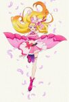  1girl belt_bow blonde_hair bridal_gauntlets brooch commentary_request cure_butterfly earrings highres hijiri_ageha hirogaru_sky!_precure jewelry kikuta_michiyo long_hair magical_girl open_mouth pink_headwear pink_skirt precure purple_eyes single_leg_pantyhose skirt smile solo standing standing_on_one_leg wing_brooch 