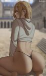  1girl annie_leonhardt ass ass_shake back barefoot black_panties blonde_hair blue_eyes blush feet feet_out_of_frame from_behind highleg highleg_panties highres hood hoodie legs long_sleeves looking_back motion_lines no_footwear no_legwear no_pants oroborus outdoors panties presenting shingeki_no_kyojin short_hair sidelocks signature sitting solo thighs underwear wide_hips 