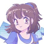  1girl arle_nadja bangs blue_shirt brown_hair looking_at_viewer madou_monogatari ponytail puyopuyo shirt smile solo usagi_honmono white_background yellow_eyes 