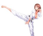  1girl aho_manten barefoot belt black_belt breasts brown_eyes brown_hair collarbone commentary_request dougi feet fingernails foot_out_of_frame hair_between_eyes highres karate karate_gi kicking large_breasts leg_lift medium_hair no_bra original parted_lips solo standing standing_on_one_leg toenails toes white_background 