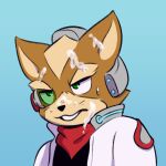  annoyed anthro bodily_fluids brown_body brown_fur canid canine clothed clothing cum fox fox_mccloud fur genital_fluids green_eyes male mammal missmccloud nintendo open_mouth simple_background solo star_fox super_smash_bros. 