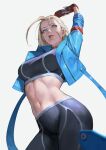  1girl arms_up blonde_hair blue_eyes breasts cammy_white closed_mouth fingerless_gloves gloves highres large_breasts lips midriff navel phamoz scar scar_on_cheek scar_on_face simple_background solo standing street_fighter street_fighter_6 stretching white_background 