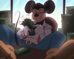  anthro chair cigarette clothed clothing counting_money disney furniture jordo_(artist) male mammal mickey_mouse money mouse murid murine rodent solo tail text 
