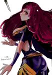  1girl ass big_hair black_cape bodysuit breasts cape choker cowboy_shot dagger eyelashes fire_emblem fire_emblem_engage gold_belt hair_ornament high_collar highres knife large_breasts long_hair looking_at_viewer open_mouth pink_choker pink_hair purple_bodysuit purple_cape red_eyes shirozakuro side_cutout simple_background solo standing star_(symbol) star_hair_ornament throwing_knife tongue tongue_out two-tone_cape weapon white_background yunaka_(fire_emblem) 