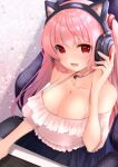  1girl :d animal_ear_headphones animal_ears bare_shoulders black_skirt breasts camisole cat_ear_headphones chair cleavage collarbone desk fake_animal_ears frilled_camisole frilled_sleeves frills gaming_chair hair_between_eyes hand_on_headphones hand_up headphones kumakko large_breasts long_hair looking_at_viewer open_mouth original pink_camisole pink_hair red_eyes short_sleeves sitting skirt smile solo spaghetti_strap swivel_chair twintails upper_body 