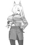  1boy 1other animal_ears blue_archive breast_lift breasts buttons disembodied_limb extra feet_out_of_frame gloom_(expression) gloves greyscale hair_over_one_eye hand_on_hip highres kanna_(blue_archive) large_breasts long_hair long_sleeves monochrome mouth_hold necktie notched_ear pantyhose pencil_skirt shirt shirt_partially_tucked_in sidelocks skirt standing sweat yanyo_(ogino_atsuki) 