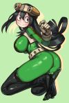  1girl :&gt; absurdres ass asui_tsuyu belt black_hair bodysuit boku_no_hero_academia breasts closed_mouth covered_nipples drop_shadow frog_girl from_side gloves goggles goggles_on_head green_bodysuit grey_eyes hair_between_eyes hair_rings highres impossible_bodysuit impossible_clothes kneeling large_breasts long_hair low-tied_long_hair shibayamamohu simple_background skin_tight solo thighhighs 