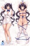 1girl :d armpits arms_up artist_name ass_visible_through_thighs bare_arms bare_legs barefoot bed_sheet black_hair blue_eyes blue_ribbon bound breasts commentary cuddly_octopus dakimakura_(medium) dress dungeon_ni_deai_wo_motomeru_no_wa_machigatteiru_darou_ka english_commentary full_body gloves hestia_(danmachi) iwbitu large_breasts long_hair looking_at_viewer lying multiple_views naked_ribbon on_back open_mouth rei_no_himo ribbon ribbon_bondage short_dress sleeveless sleeveless_dress smile thighhighs twintails twitter_username white_dress white_gloves white_thighhighs 