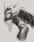  anthro clothed clothing dinosaur fang_(gvh) feathered_wings feathers female goodbye_volcano_high hair hi_res jewelry kheltari long_hair long_snout looking_at_viewer midriff monochrome necklace pterodactylus pterosaur reptile scalie side_view sketch snoot_game_(fan_game) snout solo wings 
