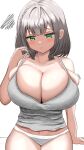  1girl absurdres arm_at_side bare_arms blush braid breasts bursting_breasts camisole cleavage closed_mouth cowboy eyelashes french_braid furrowed_brow green_eyes grey_camisole grey_hair hair_between_eyes hand_up highres hololive huge_breasts looking_away looking_down midriff_peek momiji_(user_hchf8543) navel no_bra no_pants panties pulled_by_self shirogane_noel short_hair solo strap_gap strap_pull sweatdrop underwear virtual_youtuber white_background 