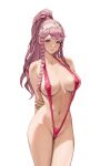  1girl absurdres areola_slip arms_behind_back bangs braid breasts breasts_apart closed_mouth collarbone commission covered_nipples english_commentary fire_emblem fire_emblem_awakening groin hairband highres jonbur_man large_breasts long_hair looking_at_viewer navel olivia_(fire_emblem) one-piece_swimsuit pink_eyes pink_hair pixiv_commission ponytail red_one-piece_swimsuit slingshot_swimsuit solo swimsuit twin_braids white_background white_hairband 