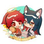  2girls animal_ear_fluff animal_ears arknights bangs black_gloves black_hair black_shirt blue_background blush box brown_eyes brown_shirt brown_wings burger cardboard_box chibi detached_wings exusiai_(arknights) fang food food_on_face gloves grey_jacket hair_between_eyes headphones highres holding holding_box holding_food jacket long_sleeves mouth_hold multicolored_hair multiple_girls neckerchief notice_lines open_clothes open_jacket pocky red_eyes red_hair red_neckerchief round_image shirt tangguanguanguanguanguanguan texas_(arknights) two-tone_background two-tone_hair white_background wide_sleeves wings 