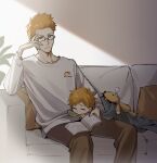  blanket bleach book brown_pants closed_eyes couch father_and_son glasses highres indoors kon_(bleach) konetaa kurosaki_ichigo kurosaki_kazui leaf long_sleeves male_focus open_book pants pillow plant shirt short_hair sitting sleeping stuffed_animal stuffed_lion stuffed_toy white_shirt 