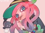  1girl bracelet clownfish colored_eyelashes fish green_eyes green_hair harmony&#039;s_clownfish_(splatoon) harmony_(splatoon) hat highres iguana1525881 jewelry multicolored_eyes multicolored_hair pink_hair purple_eyes shirt skirt splatoon_(series) splatoon_1 splatoon_3 tentacle_hair tropical_fish two-tone_hair yellow_skirt 