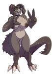  2019 absurd_res anthro bethesda_softworks big_breasts breasts brown_body claws collar deathclaw fallout female freelapse genitals hi_res horn looking_at_viewer nipples nude pose pussy reptile scalie simple_background solo standing teeth 