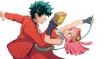  1boy 1girl alternate_costume black_gloves boku_no_hero_academia breasts commentary dancing dress fingerless_gloves formal freckles gloves goggles goggles_on_head green_hair hatsume_mei highres holding jacket lc._universe long_hair long_sleeves looking_at_another midoriya_izuku open_mouth pink_hair red_dress red_jacket red_suit short_hair short_sleeves simple_background suit symbol-only_commentary white_background yellow_eyes 