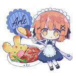  1girl apron arle_nadja bangs black_dress black_footwear blush brown_hair carbuncle_(puyopuyo) chibi curry curry_rice dress food futaba969649 highres looking_at_viewer madou_monogatari maid_apron maid_cafe maid_headdress puyopuyo rice short_hair simple_background thighhighs tongue tongue_out white_background white_thighhighs yellow_eyes 