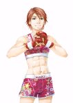  1girl abs all_rounder_meguru bad_id bad_twitter_id blue_eyes brown_hair closed_mouth endo_hiroki fingerless_gloves gloves highres kamiya_maki looking_at_viewer mixed_martial_arts mma_gloves navel red_gloves short_hair shorts simple_background solo sports_bra white_background 