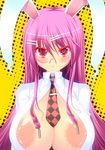  animal_ears areolae bad_id bad_pixiv_id bespectacled braid breasts bunny_ears checkered checkered_neckwear code_geass colored_eyelashes cross geass glasses hair_ornament hairclip highres huge_breasts kirise_mitsuru large_areolae long_hair necktie nipple_slip nipples open_clothes open_shirt parody purple_hair red_eyes reisen_udongein_inaba rimless_eyewear shirt slit_pupils solo touhou upper_body white_shirt yellow_background 