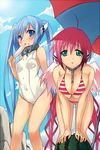  bent_over bikini blue_hair breasts chain cleavage collar covered_nipples day food fruit green_eyes ikaros large_breasts multiple_girls nymph_(sora_no_otoshimono) one-piece_swimsuit panbai pink_hair popsicle school_swimsuit sideboob sora_no_otoshimono string_bikini striped striped_bikini swimsuit twintails undersized_clothes watermelon wings 
