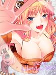  2010 animal_ears blonde_hair blue_eyes breasts cleavage fang japanese_clothes kimono large_breasts long_hair macross macross_frontier miyashiro_sousuke new_year open_mouth sheryl_nome solo tail tiger_ears tiger_tail 